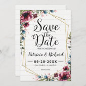 シック素朴バーガンディフローラ結婚式の日付を保存 (正面/裏面)