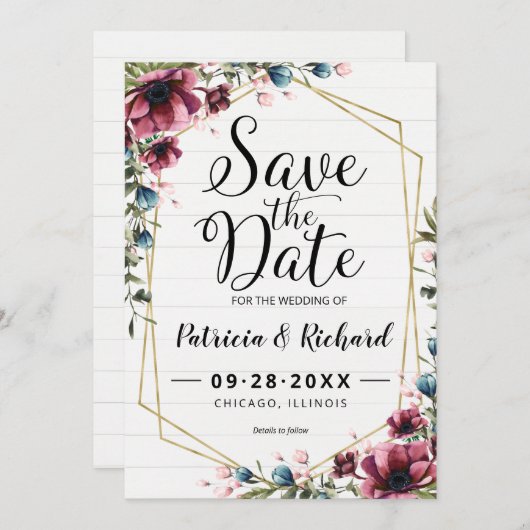 シック素朴バーガンディフローラ結婚式の日付を保存 (正面/裏面)