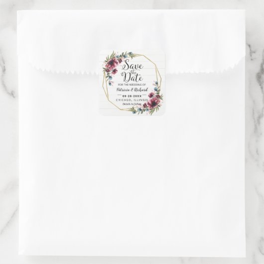 シック素朴バーガンディフローラ結婚式の日付を保存 スクエアシール (バッグ)