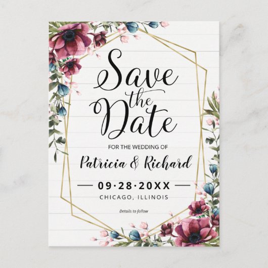 シック素朴バーガンディフローラ結婚式の日付を保存 ポストカード (正面)