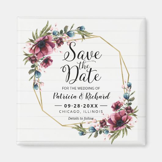 シック素朴バーガンディフローラ結婚式の日付を保存 マグネット (正面)