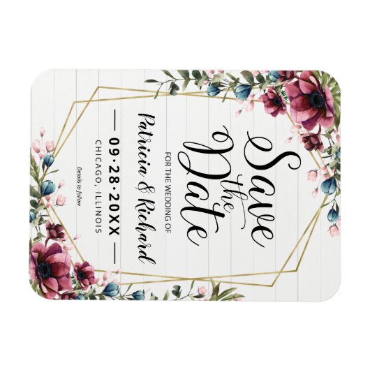 シック素朴バーガンディフローラ結婚式の日付を保存 マグネット (横)