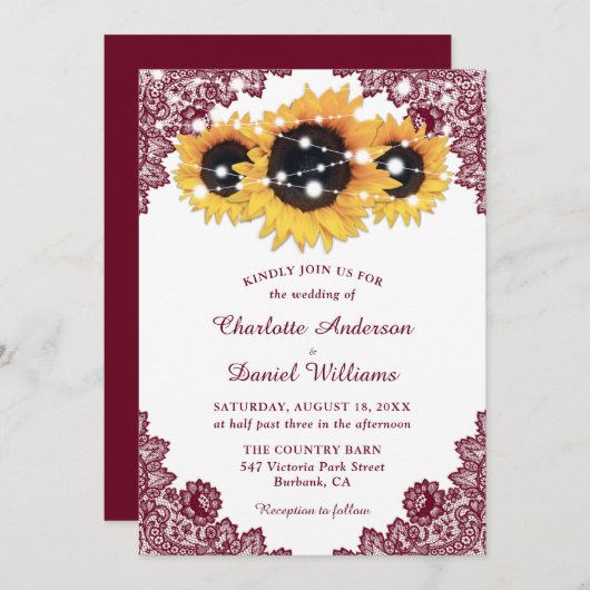 シック素朴バーガンディーレースサンフラワー結婚ズ 招待状 (正面/裏面)