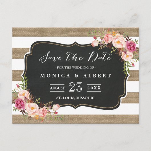 シック素朴バーラップストライプフローラ保存日 案内ポストカード (正面)