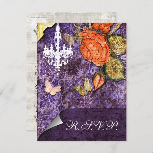 シック素朴パープルヴィンテージ結婚バラ インビテーションポストカード (正面/裏面)