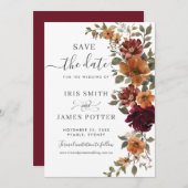 シック素朴ブルゴーニュ焼きオレンジフローラ結婚ズ セーブザデート (正面/裏面)