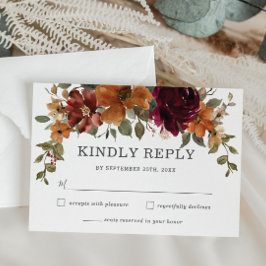 シック素朴ブルゴーニュ焼きオレンジフローラ結婚ズ 出欠カード