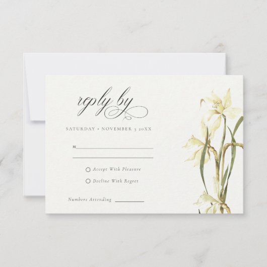 シック素朴ホワイトダッフォディルウォーター結婚カラー 出欠カード (正面)