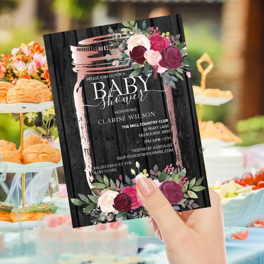 シック素朴メイスンジャーバラ金ゴールドベビーシャワー 招待状