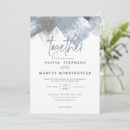 シック素朴モダンな埃っぽい青いブラシストローク 招待状 (スタンド正面)