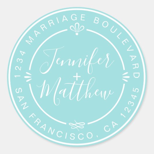 シック素朴モノグラム名差出人住所ブルー ラウンドシール (正面)