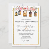 シック素朴ランタンバラ金ゴールド結婚フローラ 招待状 (正面)