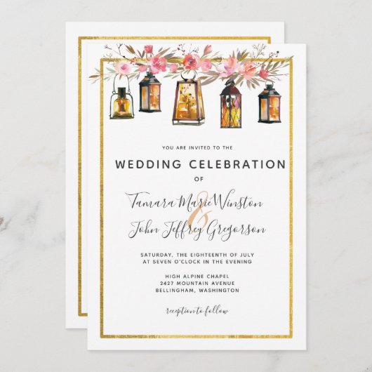 シック素朴ランタンバラ金ゴールド結婚フローラ 招待状 (正面/裏面)