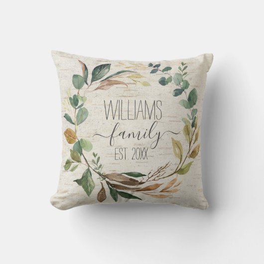 シック素朴リース樺の木ファミリーモノグラム名 クッション (正面)