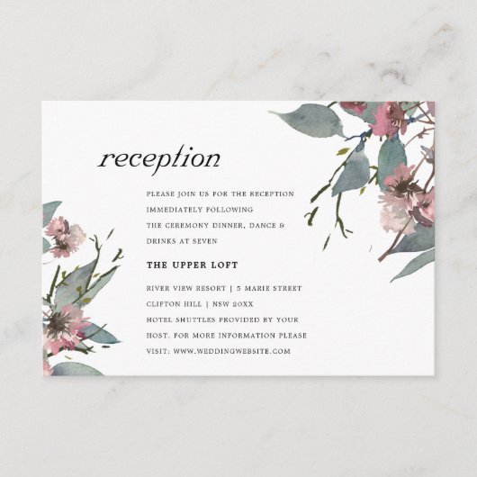 シック素朴ワイルドピンクのユーカリフローラレセプション エンクロージャーカード (正面)