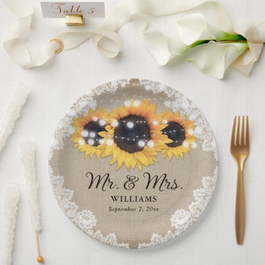 シック素朴ヴィンテージバーラップレースサンフラワー結婚ズ ペーパープレート (ウェディング)