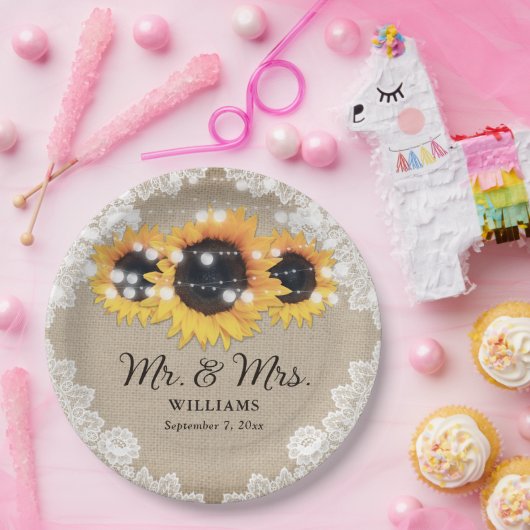 シック素朴ヴィンテージバーラップレースサンフラワー結婚ズ ペーパープレート (パーティー)