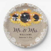 シック素朴ヴィンテージバーラップレースサンフラワー結婚ズ ペーパープレート (正面)