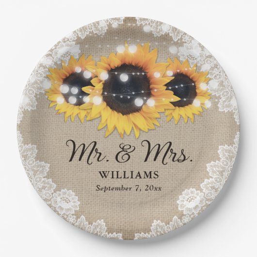 シック素朴ヴィンテージバーラップレースサンフラワー結婚ズ ペーパープレート (正面)