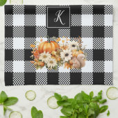 シック素朴白黒プレイド秋ガーデンモノグラム キッチンタオル (折り畳み)