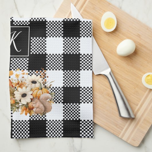 シック素朴白黒プレイド秋ガーデンモノグラム キッチンタオル (四つ折り)