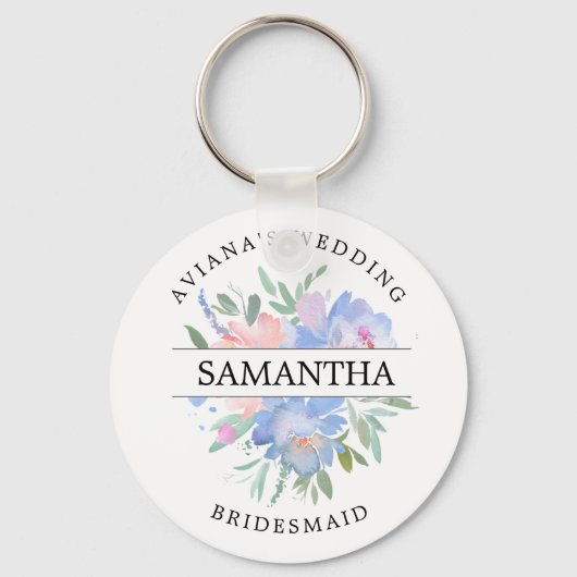シック素朴赤面ピンクブルーフローラパーソナライズされた キーホルダー (正面)