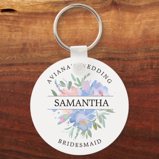 シック素朴赤面ピンクブルーフローラパーソナライズされた キーホルダー (正面)