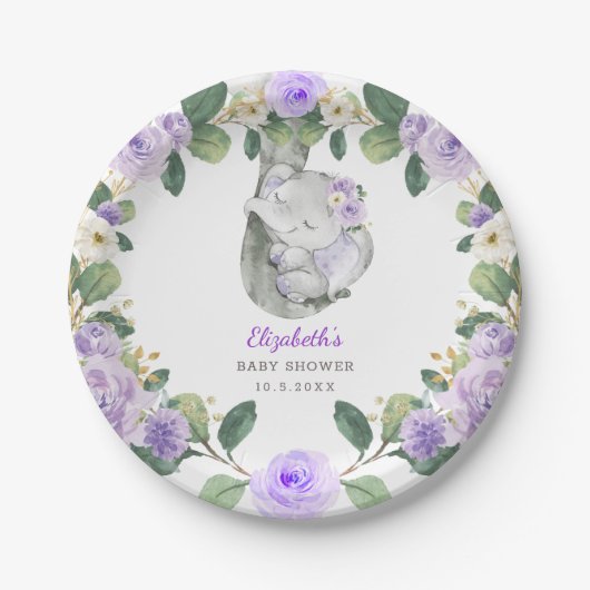 シック紫フローラゾウ赤ちゃんシャワーガール ペーパープレート (正面)