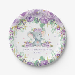 シック紫フローラゾウ赤ちゃんシャワーガール ペーパープレート