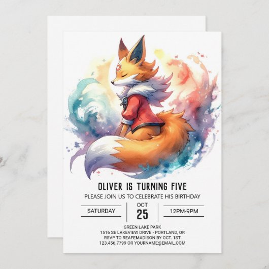 シック絵を描キツネ誕生日 招待状 (正面/裏面)