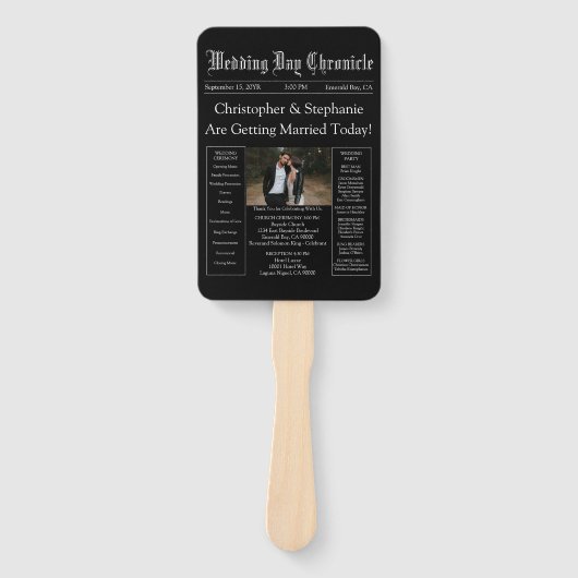 シック編集可能新聞結婚式 プログラムQRコード ハンドファン (正面)