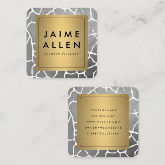 シック縁どグレーパターンの金ゴールド スクエア名刺 (正面/裏面)