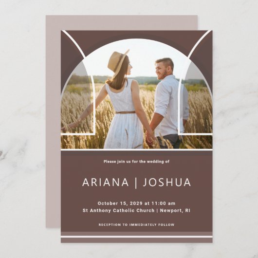 シック自然プラムアーチ写真結婚ズ 招待状 (正面/裏面)