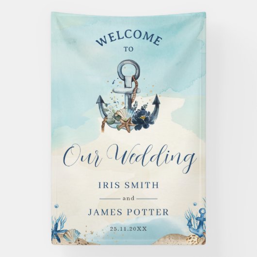 シック航海のいかりビーチモダン結婚の歓迎 横断幕 (縦)