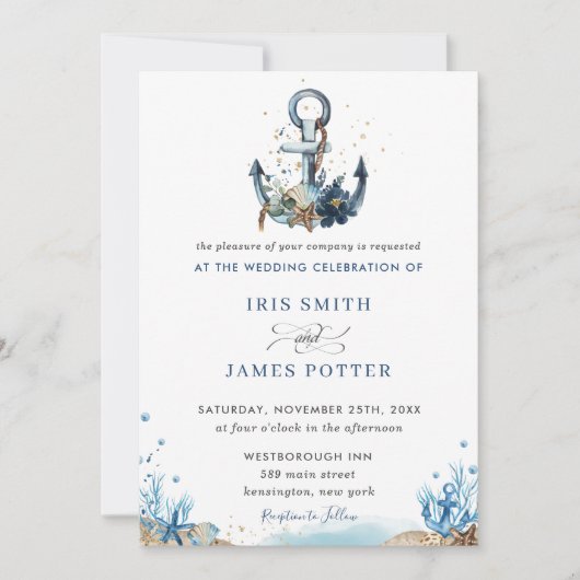 シック航海のいかりモダン結婚ビーチ 招待状 (正面)