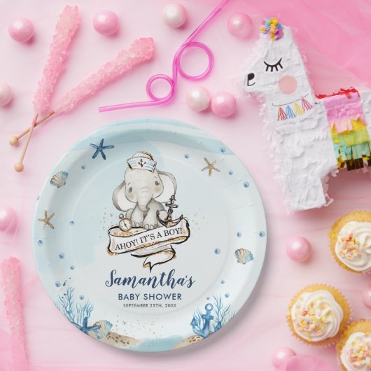 シック航海のかわいい象の男の子の赤ちゃんシャワー ペーパープレート (パーティー)