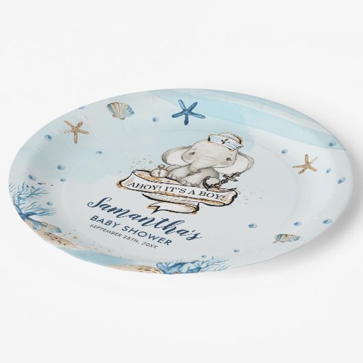 シック航海のかわいい象の男の子の赤ちゃんシャワー ペーパープレート (アングル)