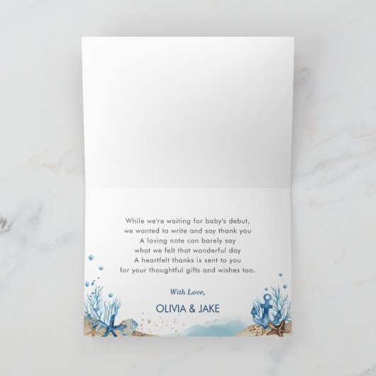 シック航海のボートアホイそれは男の子の赤ちゃんシャワーTha サンキューカード (内部)