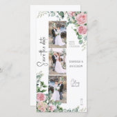 シック花びらピンクローズユーカリプトゥスフォトストリップ セーブザデート (正面/裏面)