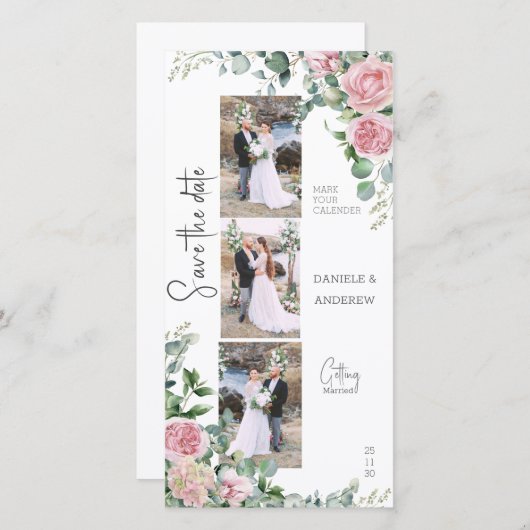 シック花びらピンクローズユーカリプトゥスフォトストリップ セーブザデート (正面/裏面)