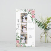 シック花びらピンクローズユーカリプトゥスフォトストリップ セーブザデート (スタンド正面)