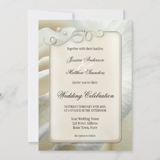 シック芸術的シルバーアイボリーバラ結婚式招待状 招待状 (正面)