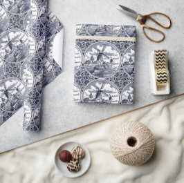 シック華美アンティークオランダデルフトブルーアートウィンドミル ラッピングペーパー