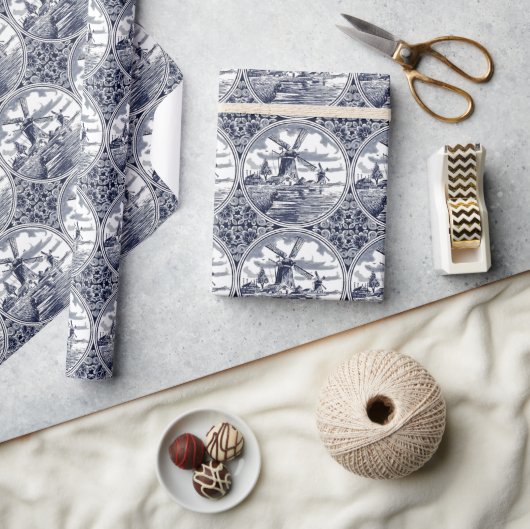 シック華美アンティークオランダデルフトブルーアートウィンドミル ラッピングペーパー (クラフト)