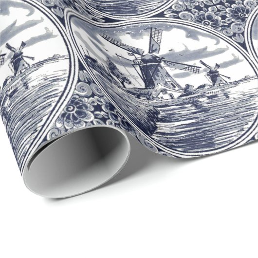 シック華美アンティークオランダデルフトブルーアートウィンドミル ラッピングペーパー (ロールコーナー)