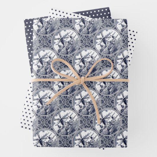 シック華美アンティークオランダデルフトブルーウィンドミル ラッピングペーパーシート (インサイチュ)