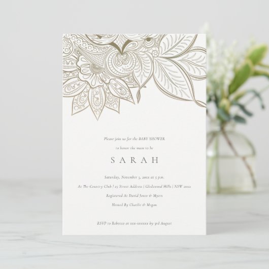 シック華美ペイズリーアイボリー金ゴールドベビーシャワー招待状 サンキューカード (スタンド正面)