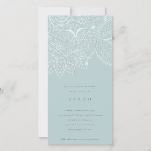 シック華美ペイズリーダスキーブルーベビーシャワー招待状 サンキューカード (正面)