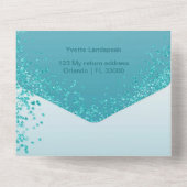 シック落下ティール(緑がかった色)ブルーグリッター100th誕生日 オールインワン招待状 (裏面)