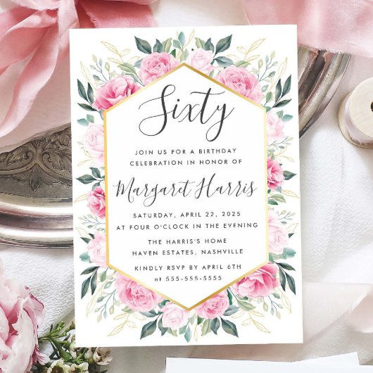 シック葉金ゴールドピンクフローラ60th60誕生日 招待状